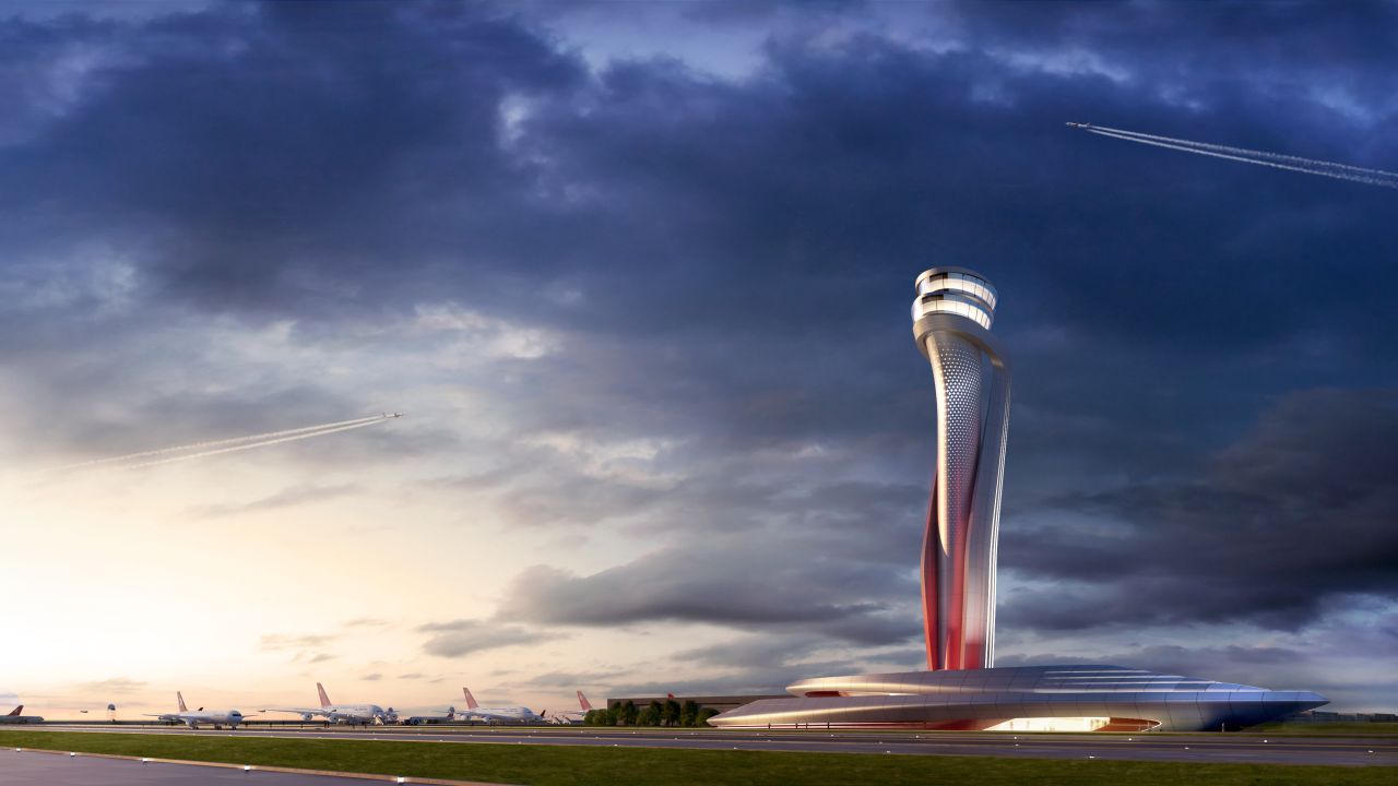 <strong>Prime location:</strong> Istanbul Airport wants to take advantage of Turkey's location on the world map -- with flights departing to everywhere from Shanghai to New York. This picture depicts what the airport's control tower might look like when finished.