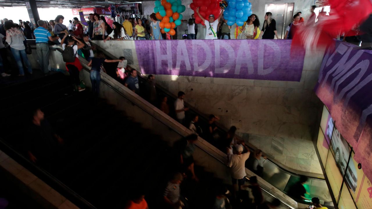 A banner promoting Workers' Party presidential candidate Fernando Haddad during a rally in Brasilia.