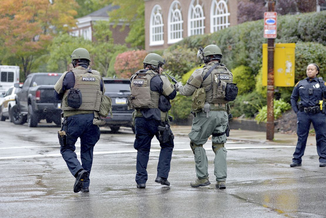 Police respond to the shooting Saturday at the Tree of Life synagogue in Pittsburgh.