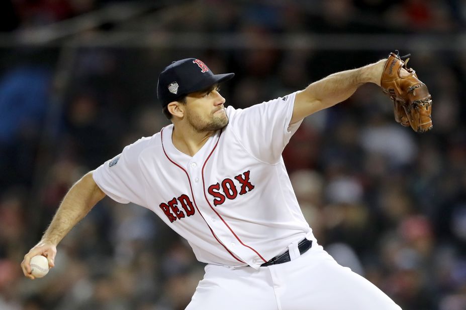 Nathan Eovaldi of the Boston Red Sox pitches during the eighth inning against the Los Angeles Dodgers in Game 2. Boston defeated the Dodgers 4-2 to take a two-game lead in the series.