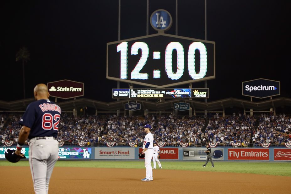 The scoreboard shows 12 a.m. as Game 3 enters the 17th inning at Dodger Stadium. The game ended one inning later on a walk-off home run by Dodgers' infielder Max Muncy.