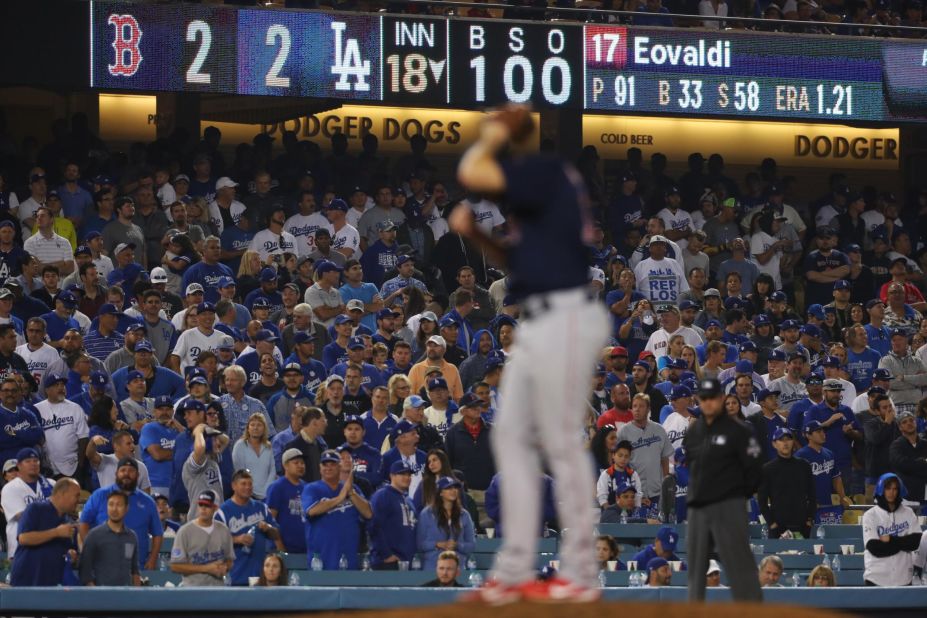 The LED board shows the score during the 18th inning of Game 3  of the World Series in Los Angeles on Friday, October 26. The Dodgers won 3-2.