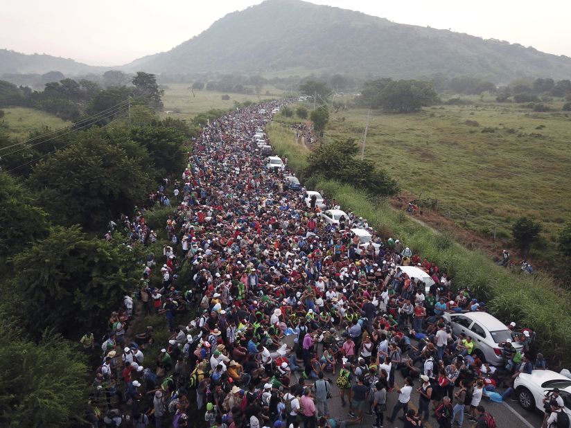 The caravan comes to a standstill after   police block it outside Arriaga on Saturday.