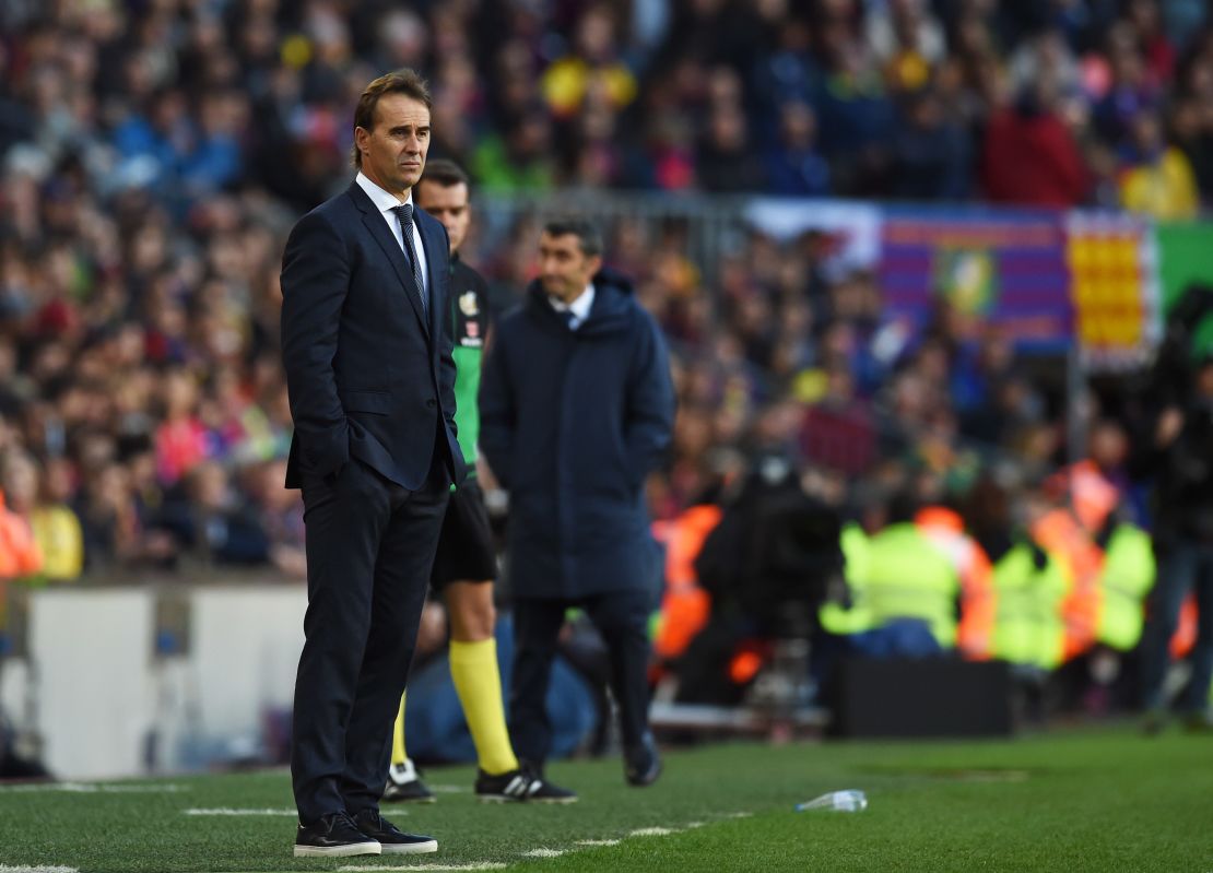 A disconsolate Julen Lopetegui looks on as his Real Madrid side slips to defeat at the Nou Camp.