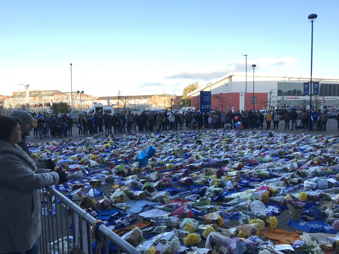 Tributes laid outside the King Power Stadium in Leicester.