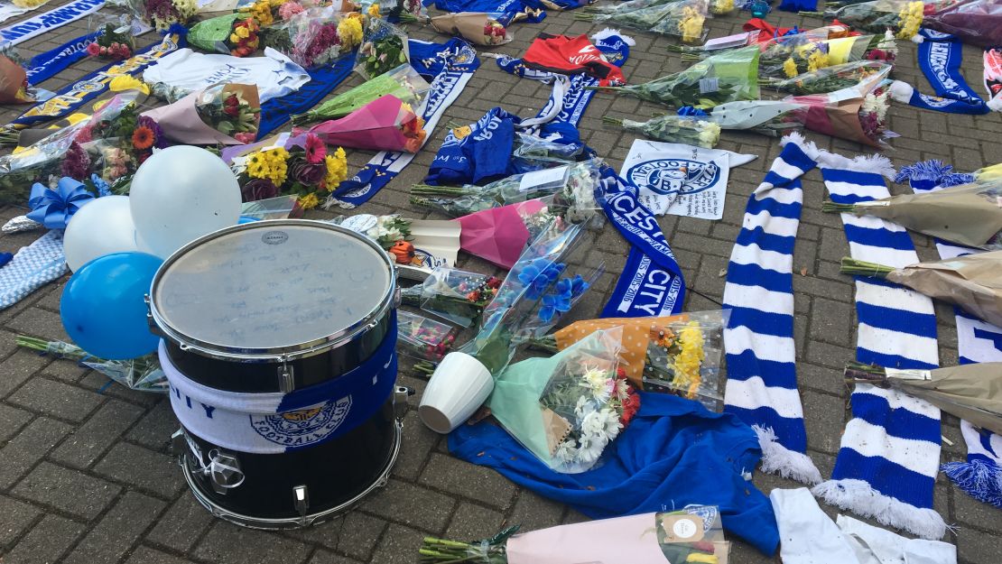 A drum left by one Leicester fan carries a message of gratitude.