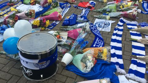 A drum left by one Leicester fan carries a message of gratitude.