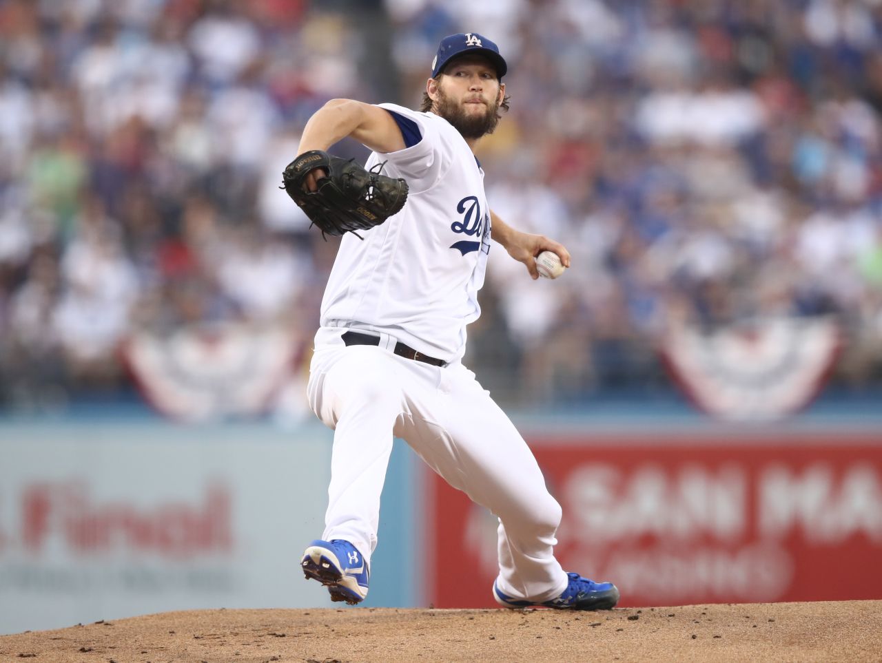 Dodgers pitcher Clayton Kershaw throws a pitch against Boston in the first inning of Game 5.