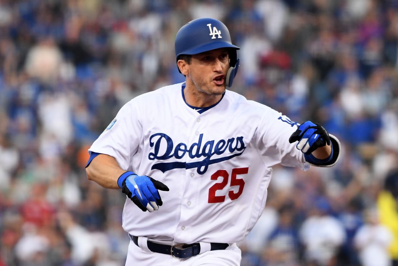 David Freese of the Dodgers celebrates his first-inning home run against the Red Sox in Game 5.<br />