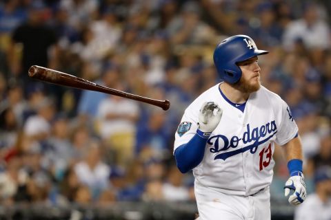 Max Muncy of the Los Angeles Dodgers reacts to his seventh-inning fly out against the Boston Red Sox in Game 5.