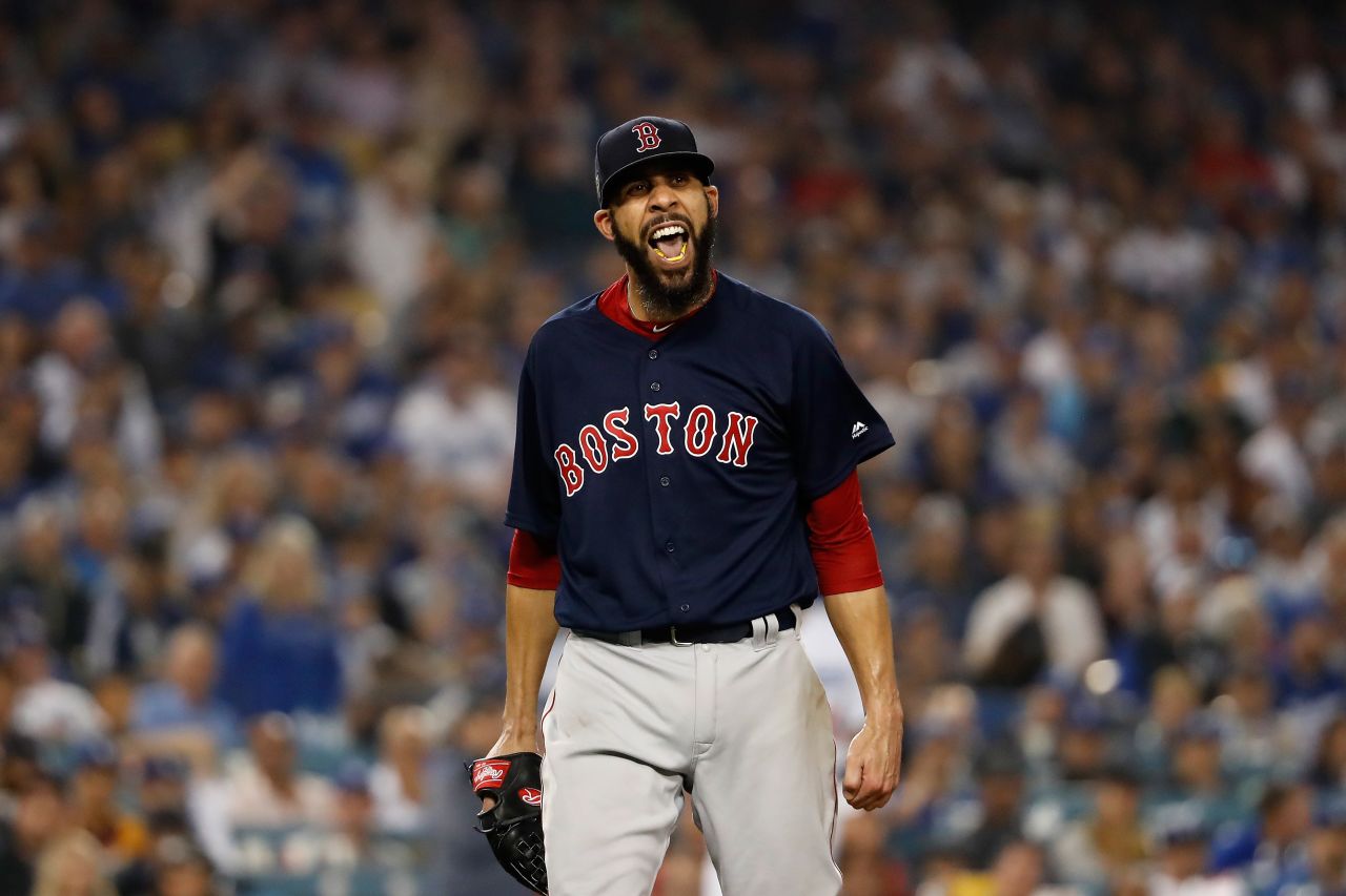 Boston Red Sox pitcher David Price reacts after retiring the side during the seventh inning against the Los Angeles Dodgers in Game 5.