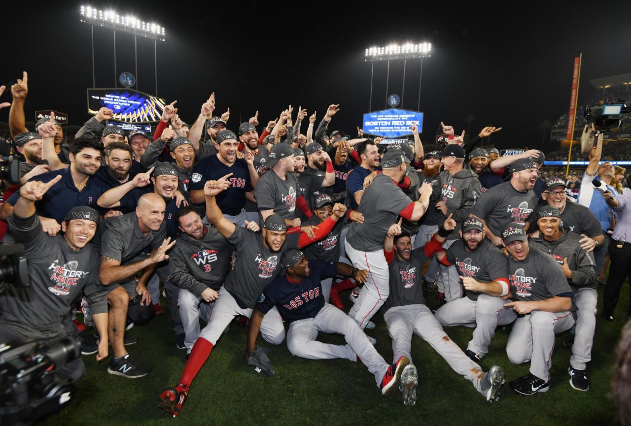The Boston Red Sox celebrate their World Series victory over the Los Angeles Dodgers. The Red Sox won the deciding game 5-1.