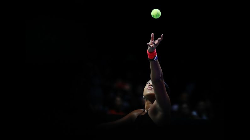Naomi Osaka serves to Angelique Kerber during the WTA Finals on Wednesday, October 24.