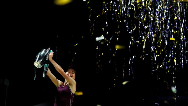 Elina Svitolina celebrates after winning the WTA Finals on Sunday, October 28. She defeated Sloane Stephens in the last match.