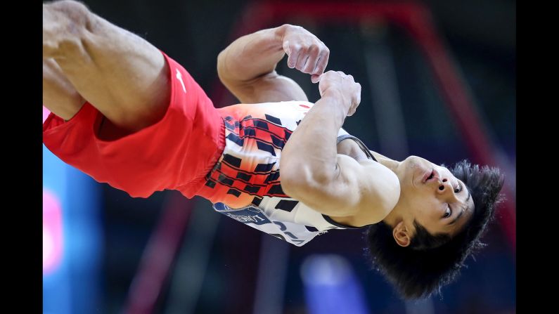 Japanese gymnast Wataru Tanigawa competes in the floor event during the World Gymnastics Championships on Friday, October 26.