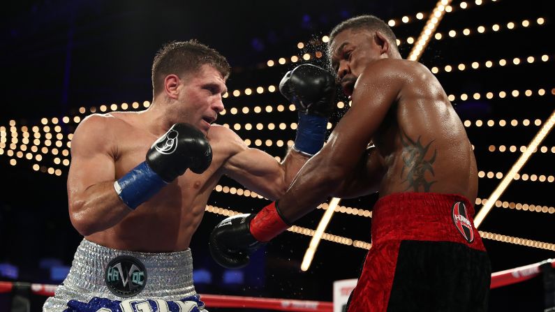 Sergiy Derevyanchenko punches Daniel Jacobs during their IBF middleweight title fight in New York on Saturday, October 27. Jacobs won by split decision.