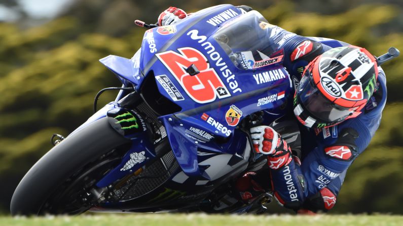 Maverick Vinales practices for the MotoGP race in Phillip Island, Australia, on Saturday, October 27.