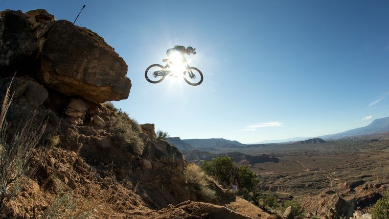 Adolf Silva practices Friday, October 26, for the Red Bull Rampage, a freeride mountai-bike competition in Virgin, Utah.