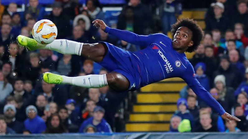 Chelsea's Willian takes a shot during a Europa League match against BATE Borisov on Thursday, October 25.