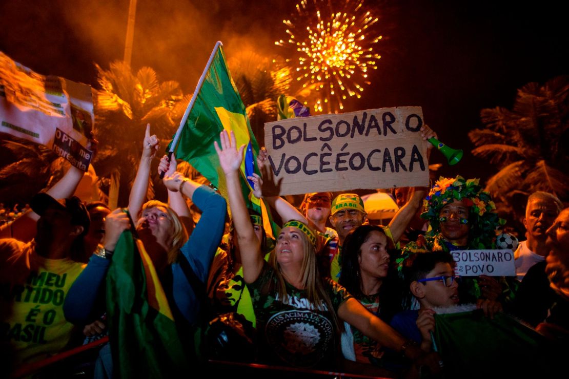 Supporters of far-right presidential candidate Jair Bolsonaro celebrate in front of his house in Rio de Janeiro on October 28.