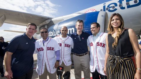 Boston Mayor Marty Walsh, Mayor of Caguas William Miranda Torres, Manager Alex Cora of the Boston Red Sox, Boston Red Sox President and CEO Sam Kennedy, Governor of Puerto Rico Ricardo Rossello, and his wife during a Boston Red Sox hurricane relief trip from Boston, Massachusetts to Caguas, Puerto Rico on January 30, 2018 .