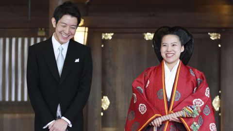 Newlyweds Princess Ayako and Kei Moriya speak to the reporters after their marriage ceremony at Meiji Shrine in Tokyo, Oct. 29, 2018. 