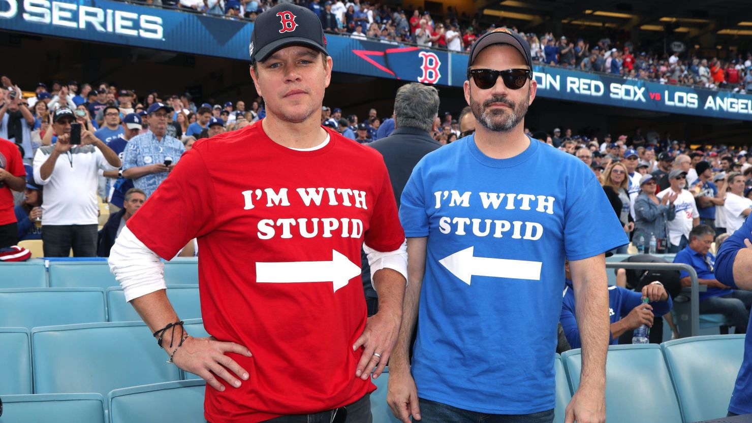 Matt Damon and Jimmy Kimmel at Sunday's World Series game
