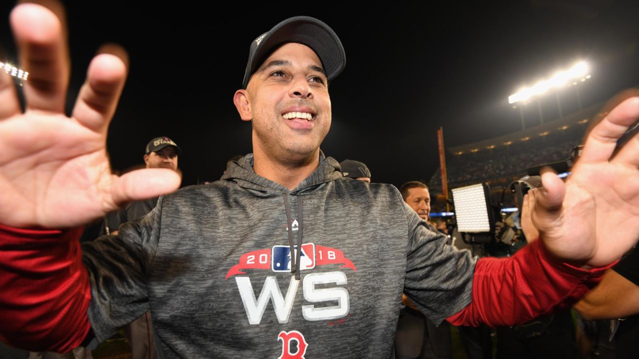 Alex Cora, in his first season as Red Sox manager,  celebrates Boston's clinching win at the 2018 World Series.



