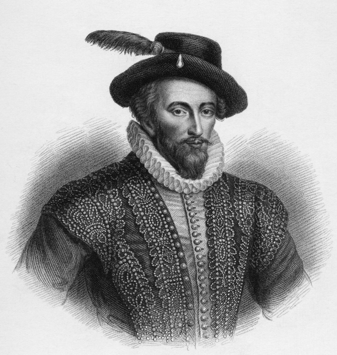 English writer, soldier, politician, explorer and spy Sir Walter Raleigh, circa 1595. From an original engraving.
