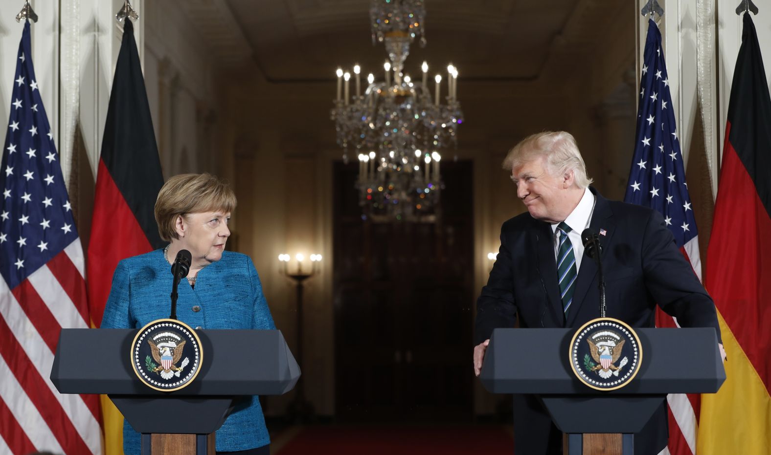 Merkel and US President Donald Trump hold a joint news conference at the White House in March 2017.