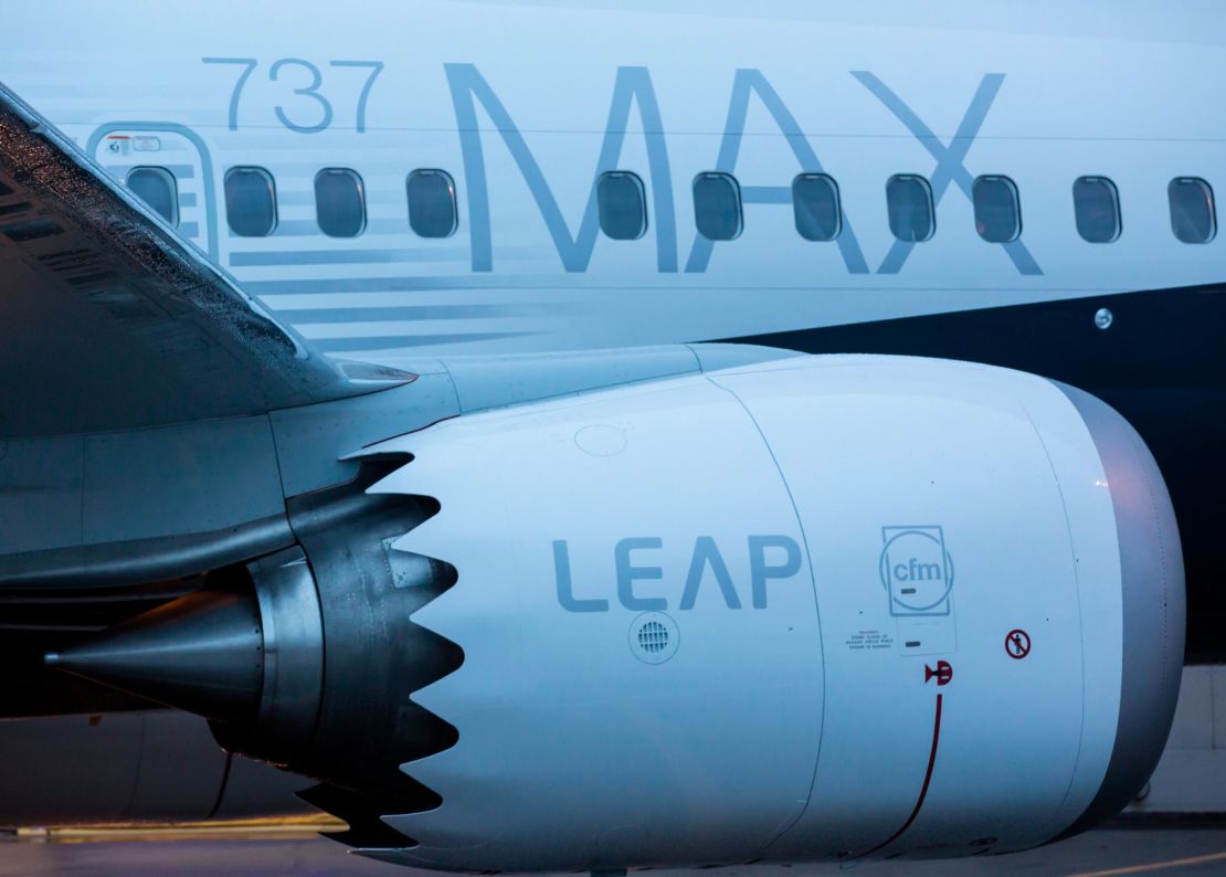 The first Boeing 737 MAX  airliner, including fuel efficient LEAP engines, is pictured at the company's manufacturing plant, on December 8, 2015, in Renton, Washington.