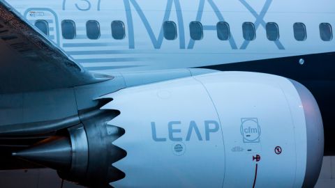 The first Boeing 737 MAX airliner, including fuel efficient LEAP engines, is pictured at the company's manufacturing plant, on December 8, 2015, in Renton, Washington.