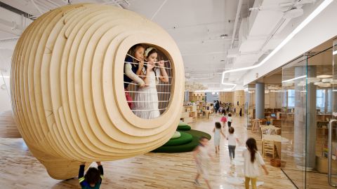 Inside WeGrow's first school are wooden dens for reading time.