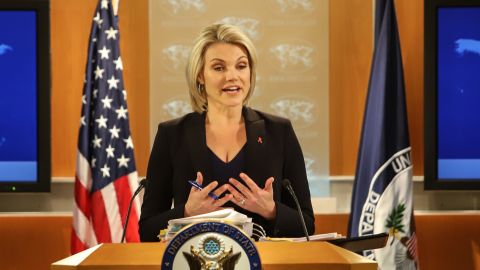 U.S. Department of State spokesperson Heather Nauert speaks in the press briefing room at the Department of State on November 30, 2017 in Washington, DC.  