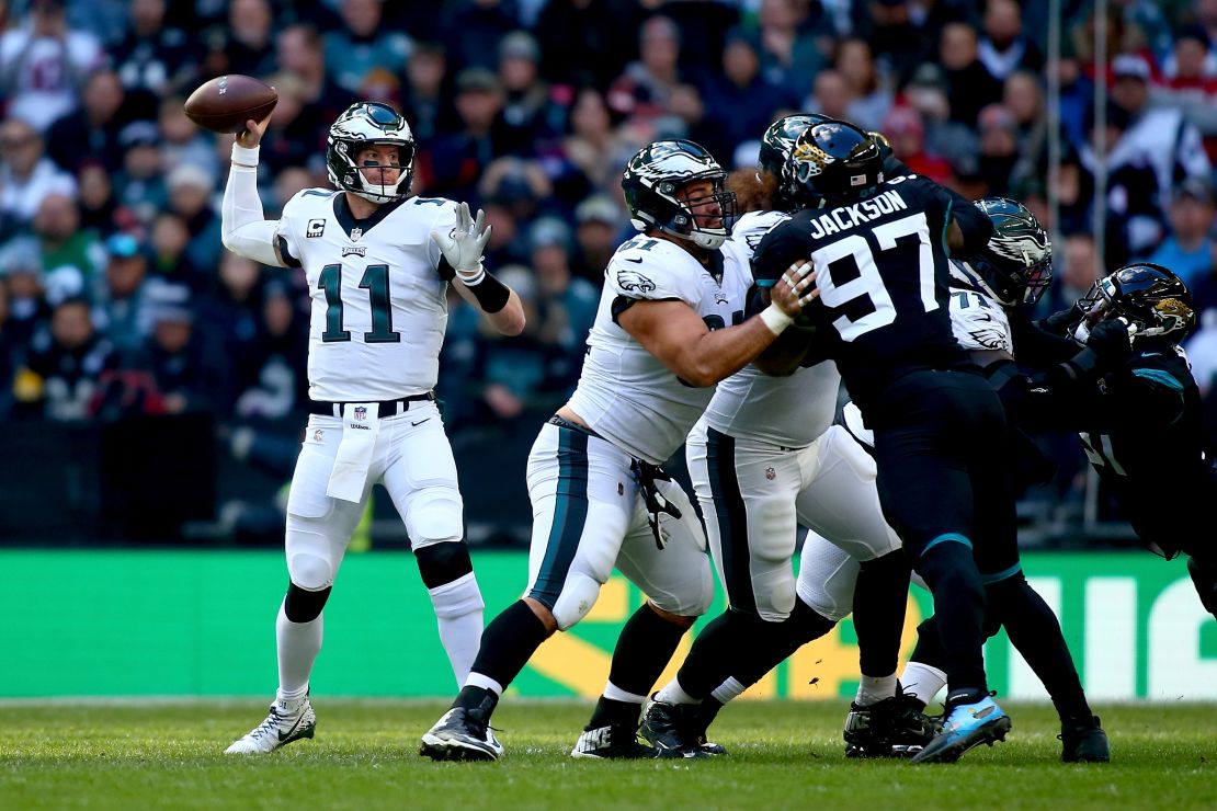 With three touchdowns, Carson Wentz led the Eagles past the Jaguars in London.
