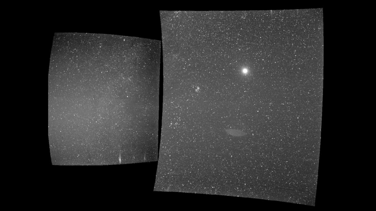 The view from Parker Solar Probe's WISPR instrument on September 25, 2018. The Earth is the bright sphere near the middle of the right-hand panel.