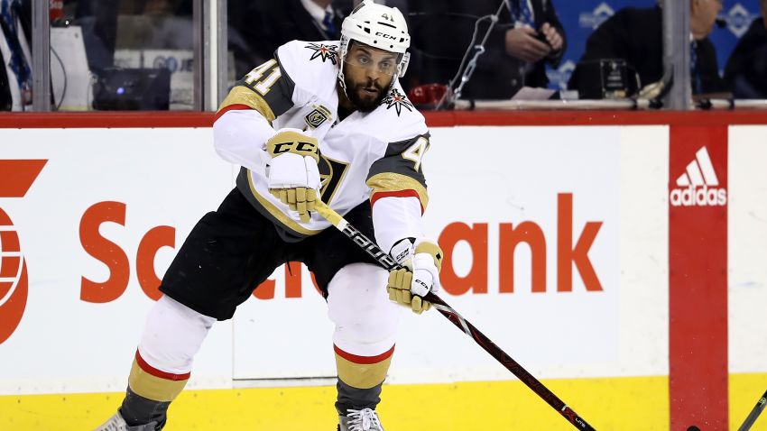 WINNIPEG, MB - MAY 12: Pierre-Edouard Bellemare #41 of the Vegas Golden Knights passes the puck in the second period against the Winnipeg Jets in Game One of the Western Conference Finals during the 2018 NHL Stanley Cup Playoffs at Bell MTS Place on May 12, 2018 in Winnipeg, Canada. (Photo by Elsa/Getty Images)