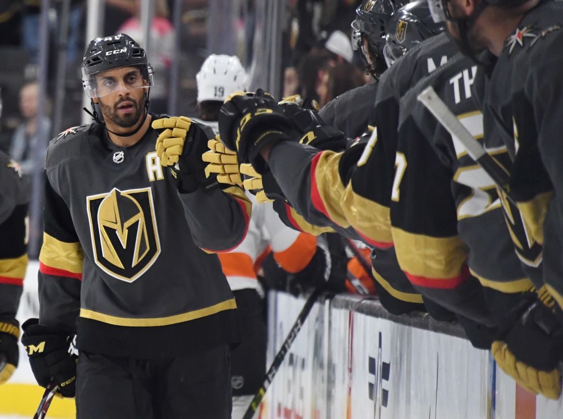 Pierre-Edouard Bellemare celebrates with teammates after scoring for Vegas Golden Knights against former team the Philadelphia Flyers.