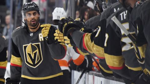 Pierre-Edouard Bellemare celebrates with teammates after scoring for Vegas Golden Knights against former team the Philadelphia Flyers.