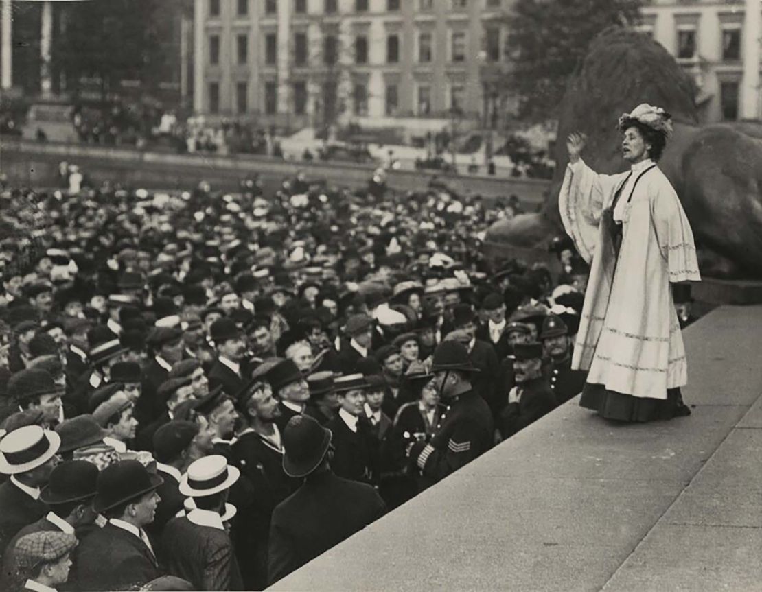 Suffragette leader Emmeline Pankhurst addresses a crowd in Trafalgar Square. A blue plaque adorns the house where she lived in the Holland Park area of London.