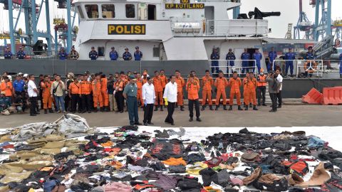 Indonesia's President Joko Widodo tours the operations centre as recovered debris from the ill-fated Lion Air flight JT 610 are laid out at a port in northern Jakarta.