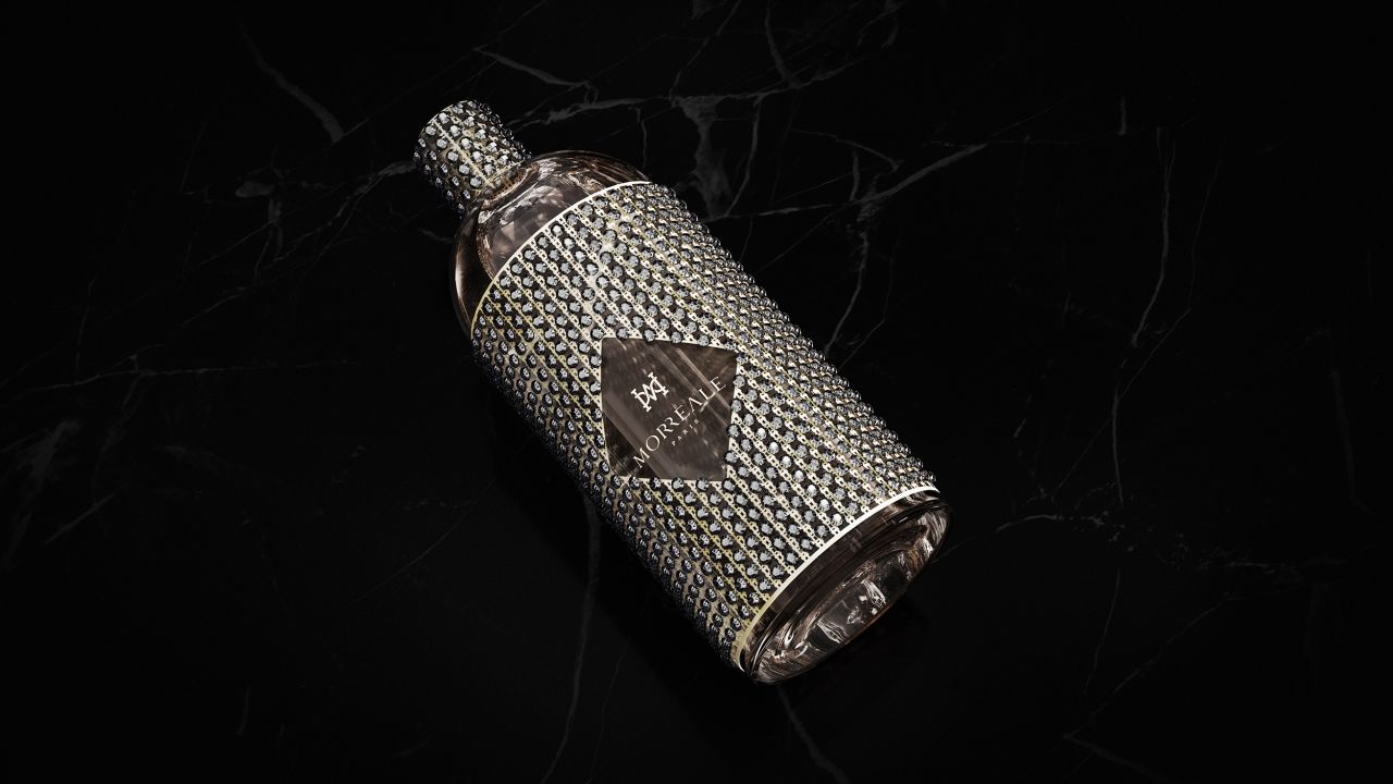 A diamond-studded bottle of Le Monde sur Mesure by perfumery Morreale Paris.