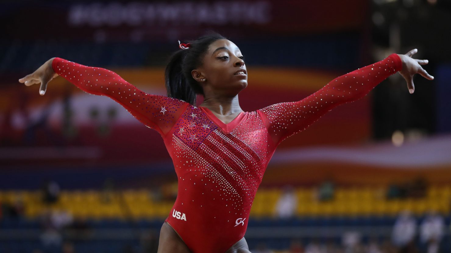 Simone Biles competes at the 2018 FIG Artistic Gymnastics Championships  in Doha, Qatar. 