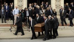 A casket is carried out of Rodef Shalom Congregation after the funeral services for brothers Cecil and David Rosenthal, Tuesday, Oct. 30, 2018, in Pittsburgh. The brothers were killed in the mass shooting last week at the Tree of Life Synagogue. (AP Photo/Matt Rourke)