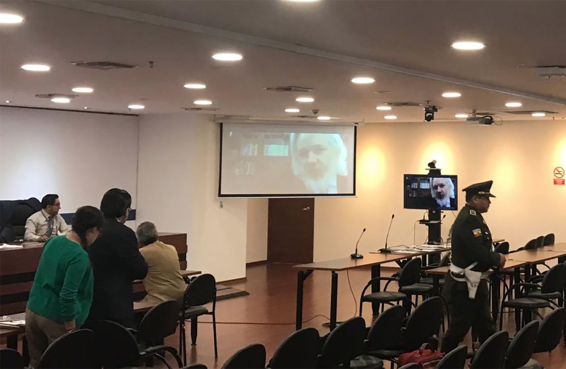 Assange is seen for the first time in months after appearing via teleconference at a hearing in Quito, Ecuador, on Thursday, October 25, 2018. The hearing was then postponed due to translation difficulties.