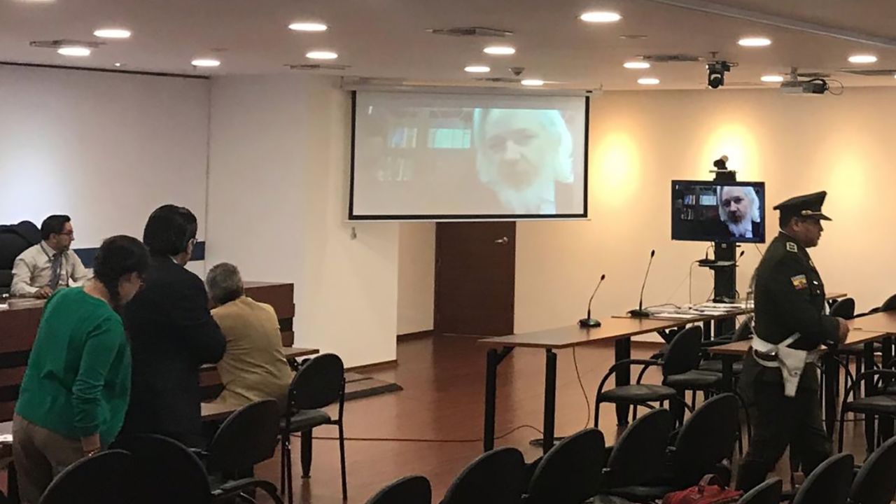 Assange is seen for the first time in months after appearing via teleconference at a hearing in Quito, Ecuador, on Thursday, October 25, 2018. The hearing was then postponed due to translation difficulties.