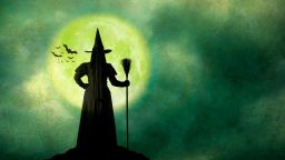 A Halloween witch dressed in black stands with her back to the camera as she holds her broom and is silhouetted by the rising full moon.  A colony of bats flies in the distance.