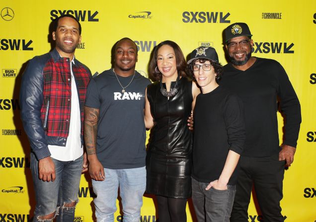 "Warriors of Liberty City" executive producer Maverick Carter (far left), Cleveland Browns running back Duke Johnson (second from left), moderator Tiffany Greene, director Evan Rosenfeld (second from right) and rapper Luther Campbell attend a pre-screening on March 12, 2018 in Austin, Texas. Campbell, known for his work with 2 Live Crew, is a Liberty City native heavily involved in youth football. 