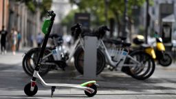 A picture shows an electric scooter of the Lime electric scooter-sharing service in Madrid on September 5, 2018. 