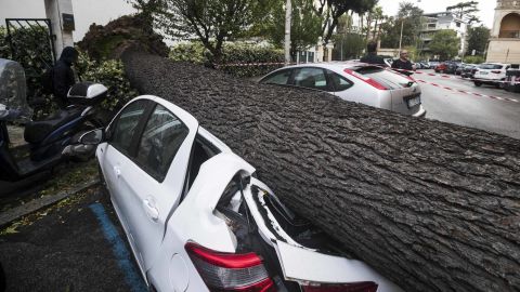 A car is crushed under a fallen tree after it was knocked down by heavy winds in Rome on Monday.